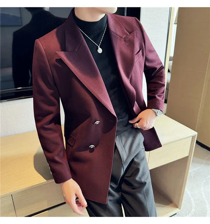 Autumn Winter Thickened Woolen Suit Jacket Men Double-breasted Casual Business Blazers Slim Fit Wedding Social Dress Coat M-4XL