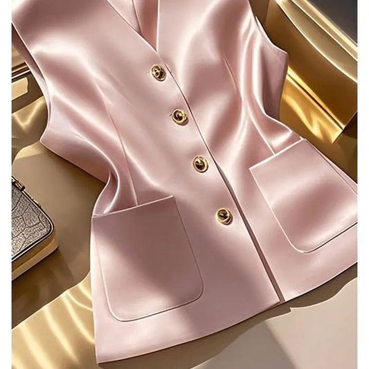 Elegant Pink Satin Waistcoat Vest For Women V‑neck Sleeveless Blazer Vest Pockets Slim Office Business Formal Lady Outerwear Top