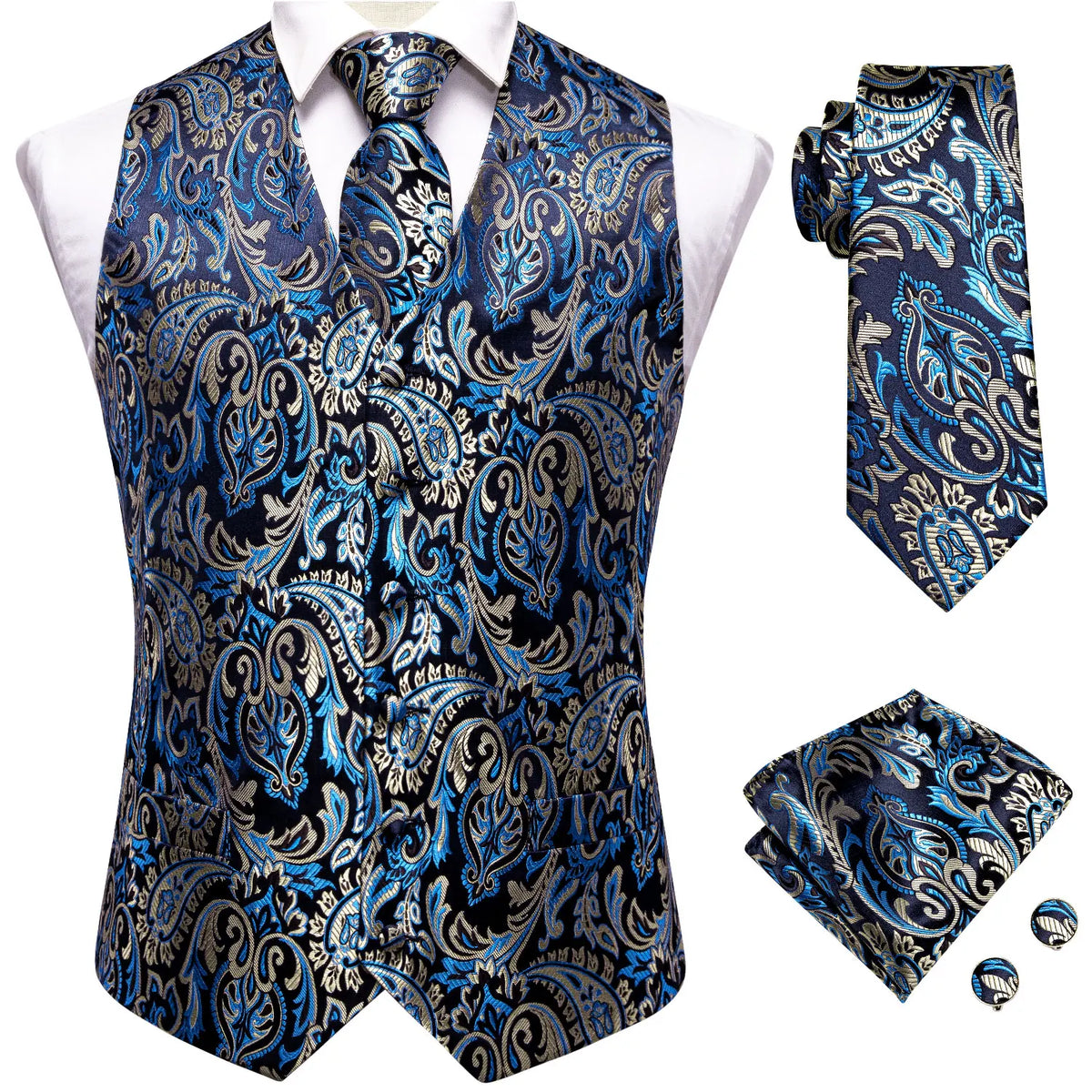 Men's Vest Paisley Jacquard Set with Necktie Pocket Square and Cufflinks for Weddings and Formal Events