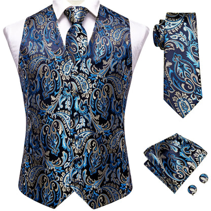 Men's Vest Paisley Jacquard Set with Necktie Pocket Square and Cufflinks for Weddings and Formal Events