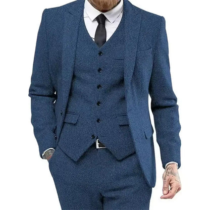 Classic Herringbone Tweed Mens Suits Stylish Vintage Tuxedo Set 3 Pieces Blazer Vest and Pant For Wedding Business Evening Party