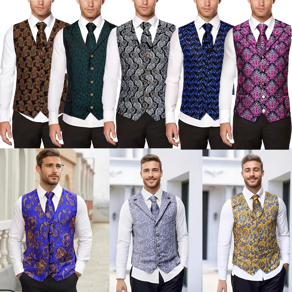 Men's Vest and Tie Set – Paisley Floral Waistcoat with Necktie for Weddings and Business Occasions