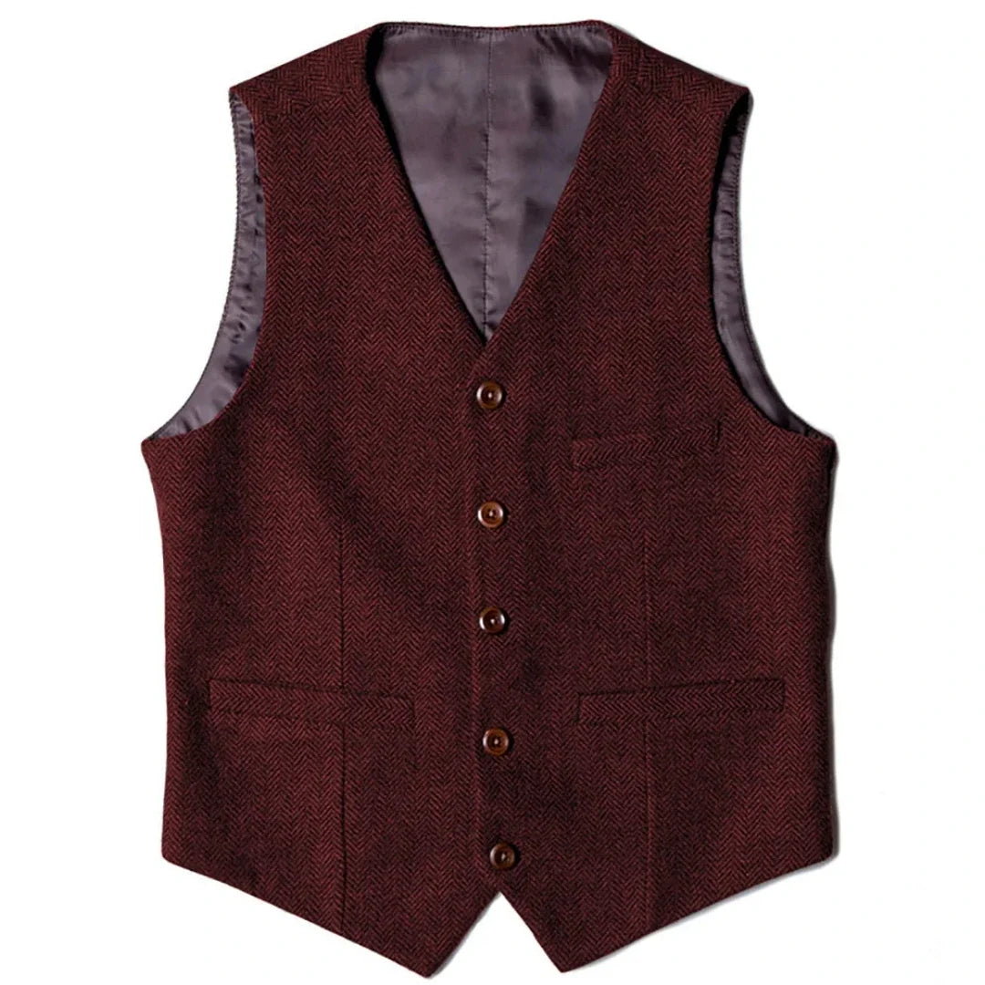 Men's Herringbone Vest Single Button V-Neck Waistcoat for Wedding & Business