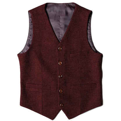 Men's Herringbone Vest Single Button V-Neck Waistcoat for Wedding & Business