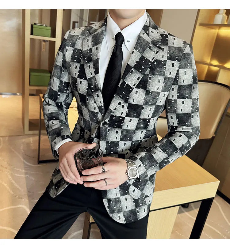 Korean Jacquard Denim Jacket for Men Autumn Winter Casual Business Men Blazers Slim Fit Wedding Social Dress Coat Men Clothing