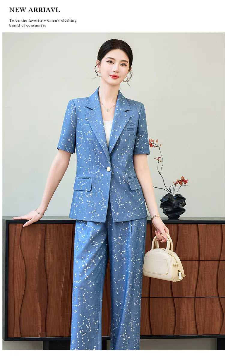Fashion Blue Yellow Short Sleeve Professional Suit Women New Summer Elegant Formal Slim Blazer And Pants Office Ladies Work Wear