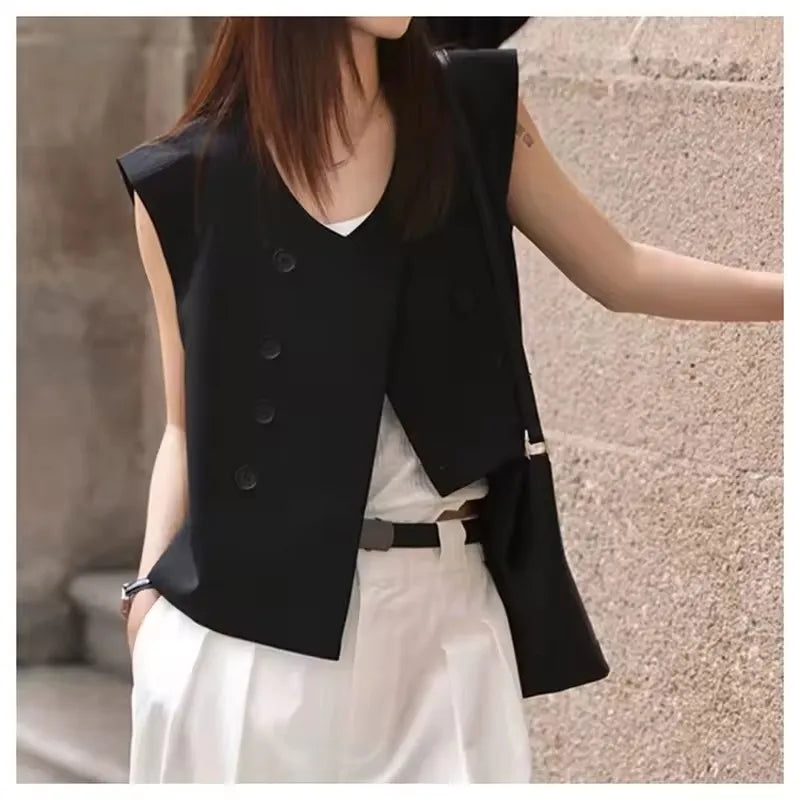 Black Suit Vest Jacket Women Irregular Top 2025 Spring Summer New Double Breasted Casual Thin Shoulder Waistcoat Female Clothes