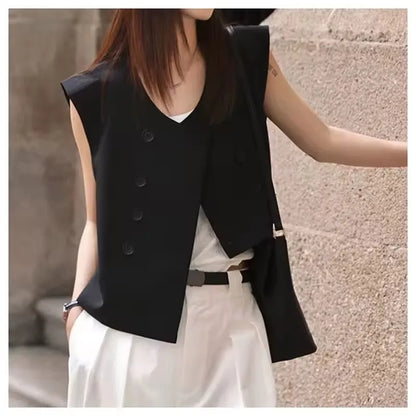 Black Suit Vest Jacket Women Irregular Top 2025 Spring Summer New Double Breasted Casual Thin Shoulder Waistcoat Female Clothes