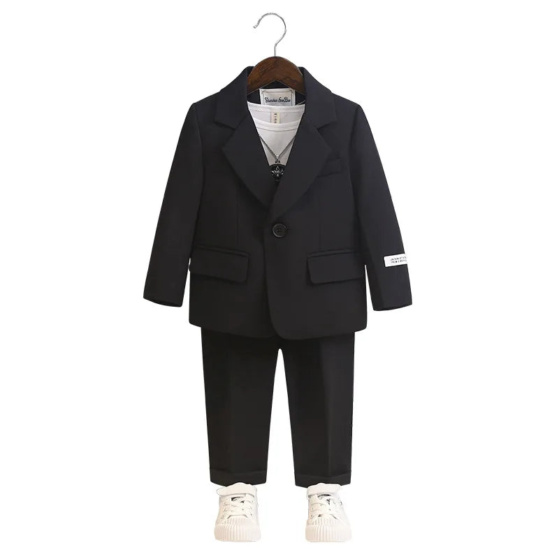 Children's Spring Autumn Piano Host Performance Costume Flower Girl Wedding Dress Kids Jacket Pants Necklace 3Pieces Suit Set