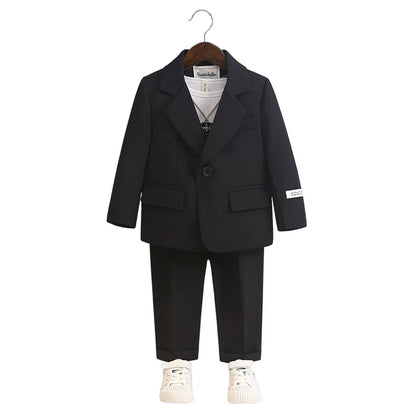 Children's Spring Autumn Piano Host Performance Costume Flower Girl Wedding Dress Kids Jacket Pants Necklace 3Pieces Suit Set