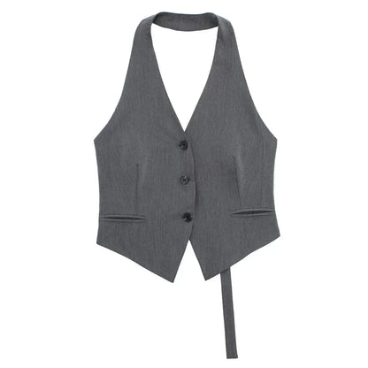Halter Formal Vests Woman Off Shoulder Women's Suit Vest Backless Black White Short Vest Casual Cropped Sleeveless Vest