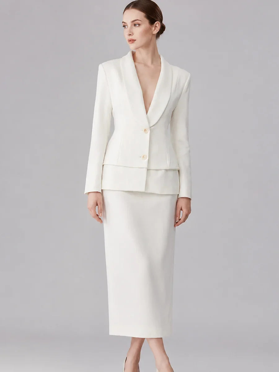 Women  Lapel Blazer Midi Skirt Single Breasted Slim Waist Long Sleeve Formal Office Business Outfit Set