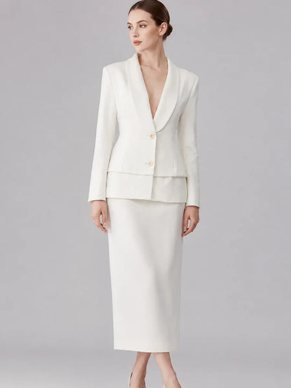 Women  Lapel Blazer Midi Skirt Single Breasted Slim Waist Long Sleeve Formal Office Business Outfit Set