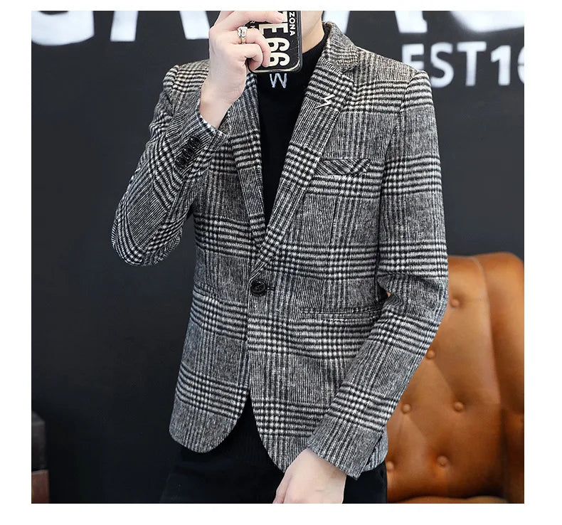 Men's Plaid Blazer Smart Casual Single Breasted Khaki Gray Autumn Office Jacket