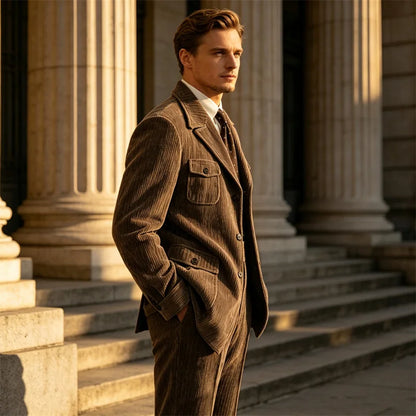 Men's Retro Corduroy 2 Pieces Suit Multi Flap Pockets Safari Blazer Matching Trousers For Formal Daily Party Wedding Business