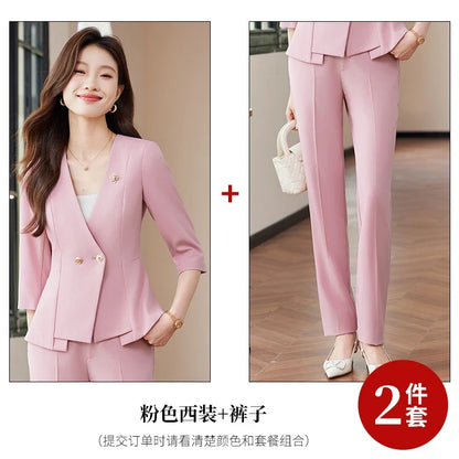2025 Summer New Fashionable Business Women's Suit, High-Quality Two-Piece Mid-Sleeved Blazer + Pants. Soft and Comfortable