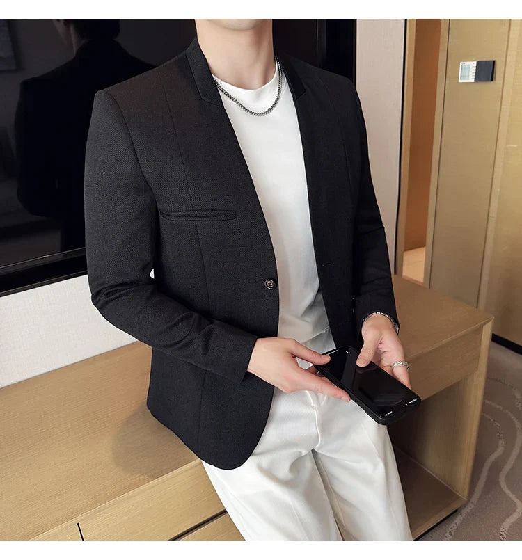 The New Chinese Style Collarless Suit Is Fashionable, Handsome and Versatile. It Is a Solid-Color Korean-Style Fitted and Fashio