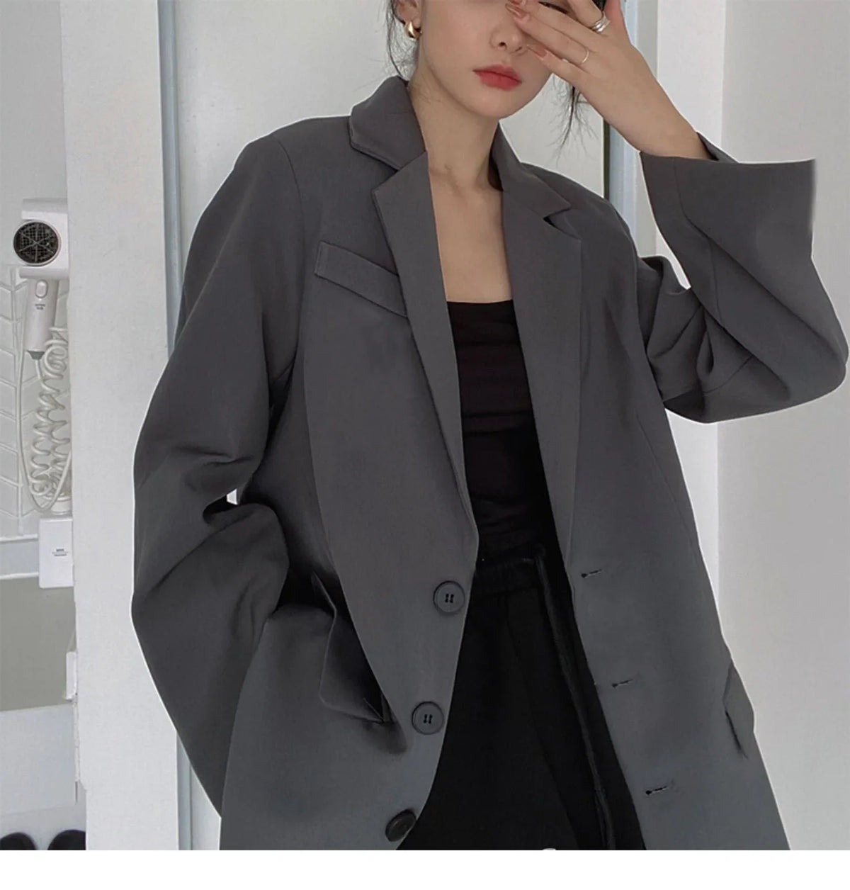 Retro ey ular Women's Suit Loose Hong Kong Sle Faionable Korean Version Spring Autumn New Arrival Polyester Fabric