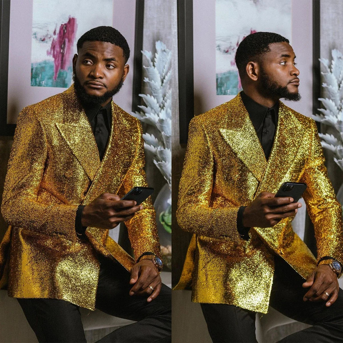Gold Men's Suit 2 Pieces Blazer Black Pants One Button Peaked Lapel Business Slim Fit Formal Host Wedding Groom Costume Homme