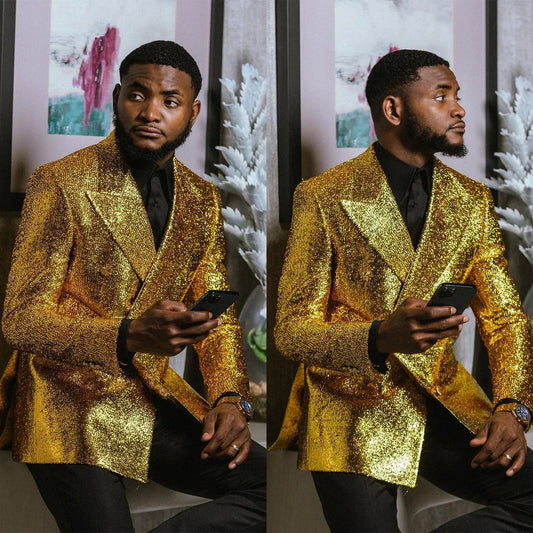 Gold Men's Suit 2 Pieces Blazer Black Pants One Button Peaked Lapel Business Slim Fit Formal Host Wedding Groom Costume Homme