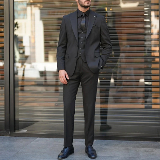 Men Suit Black 3 Pieces Single Button With Lapel For Wedding Groom Birthday Banquet Party Business Work Office Jacket Vest Pants