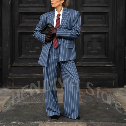 Burgundy Striped Casual Women Suit Two Pieces Jacket Pants Loose Fit Peak Lapel Blazer Set Evening Party Prom Lady Outfit