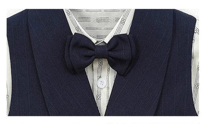 3Pcs Toddler Boy Gray Vest Suit Striped Short Sleeve Shirt Bow Tie Shorts Kids Wedding Baptism Birthday Gentleman Formal Outfit