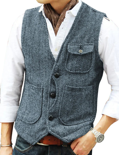 Men's Suit Vest Single Breasted Herringbone Smart Casual Wedding Business Waistcoat
