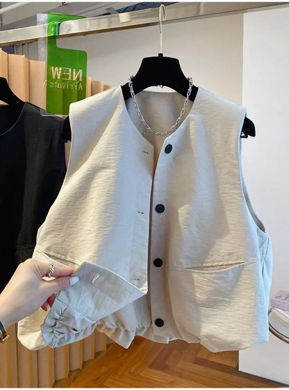 Vest Female Spring Autumn Casual Lined Waistcoat Women O-Neck Sleeveless Jacket Women Solid Single-breasted Vest Coat