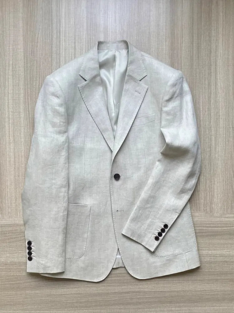 Men Thin Slim Fit Top Quality Beige White Linen Suits Matching Sets Spring Summer Comfortable Two Piece Set Casual Outfits 2025