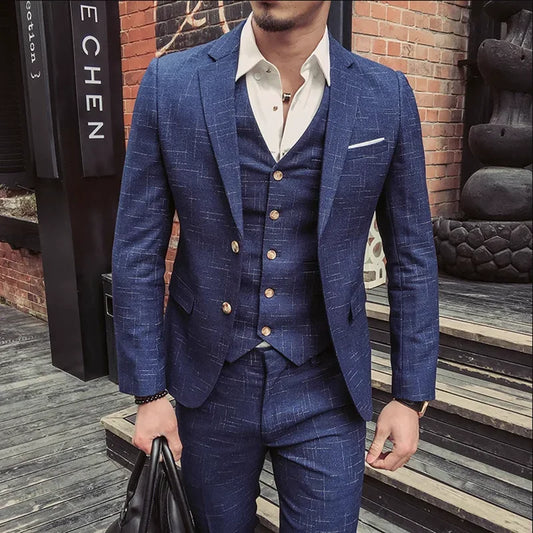 Men's Linen 3-Piece Slim Fit Suit – Blue & Beige | XS–6XL