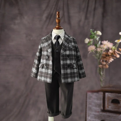 Flower Boys Wedding Outfit Boys Plaid Suit Autumn Winter Blazers Jacket Trousers Set Kids Piano Performance Tuxedo