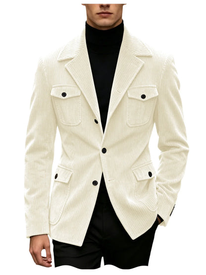 Men's Corduroy Blazer Jacket Slim Fit Notched Lapel Casual Business Coat With Four Flap Pockets For Daily Work Streetwear