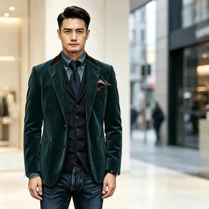 Men Velvet Blazer Contrast Brown Lapel Single Breasted Flap Pockets Smart Casual Business Streetwear Formal Outerwear