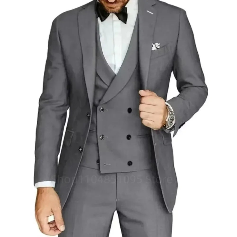 Costume de smoking 3 pièces gris coupe ajustée pour homme avec revers cranté, pour marié, mariage, affaires, ensemble veste, pantalon, gilet
