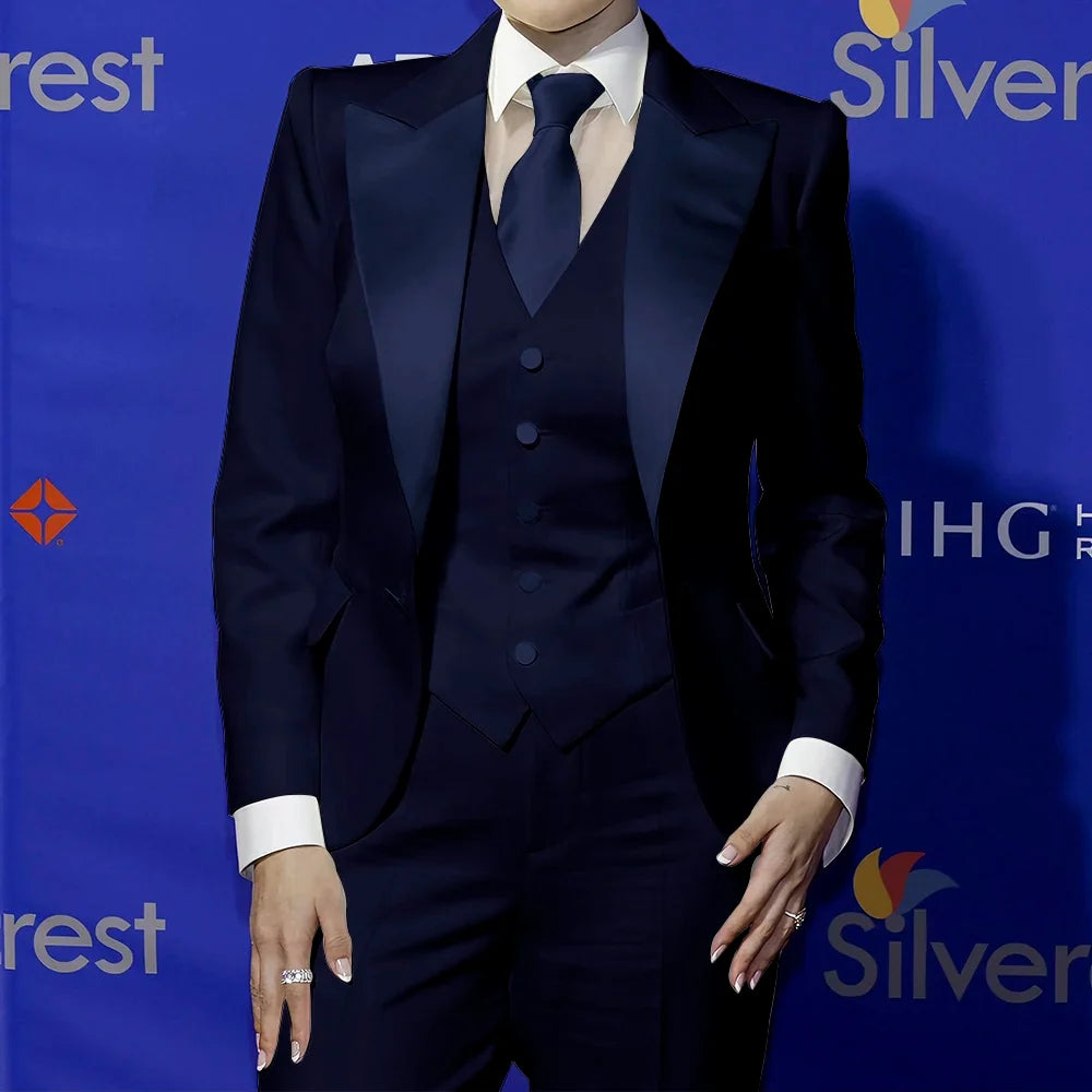 Elegant Women's White Clothes with Satin Lapel Three-Piece Suit Blazer+Vest+Pants Formal Sharp Tailored Set for Evening Party