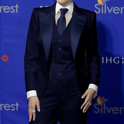 Elegant Women's White Clothes with Satin Lapel Three-Piece Suit Blazer+Vest+Pants Formal Sharp Tailored Set for Evening Party