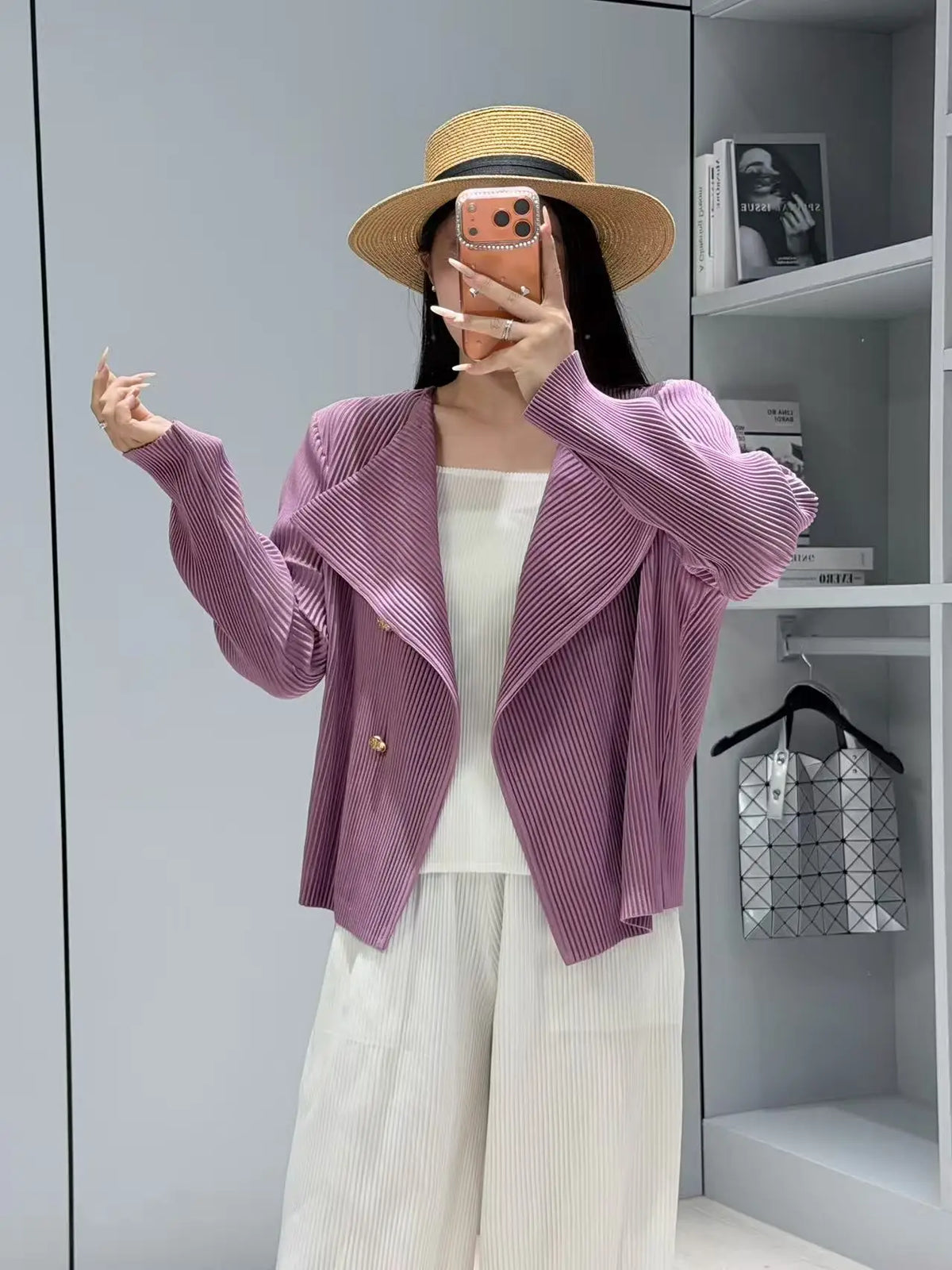 Style Pleated Blazer  in Spring and Autumn Irregular Design Large Lapel Cardigan Temperament Versatile Pleated Top