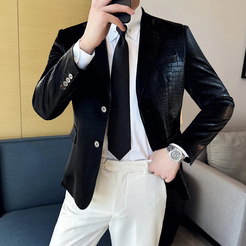 2026 Crocodile Patterned Leather Suit Jacket Men Slim Fit Business Casual Leather Jacket Wedding Groom Party Work Men Blazers