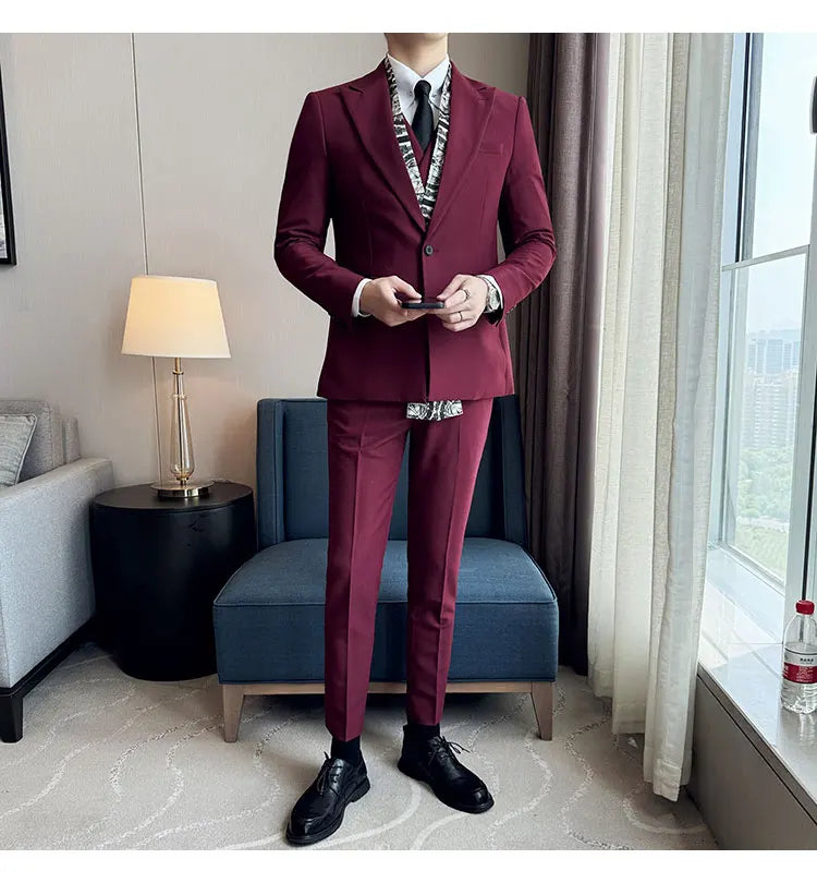 Double Collar Suit Set 3 Pieces Business Formal Casual Suits Vest Trousers Office Work Party Prom Wedding Groomsmen Clothing