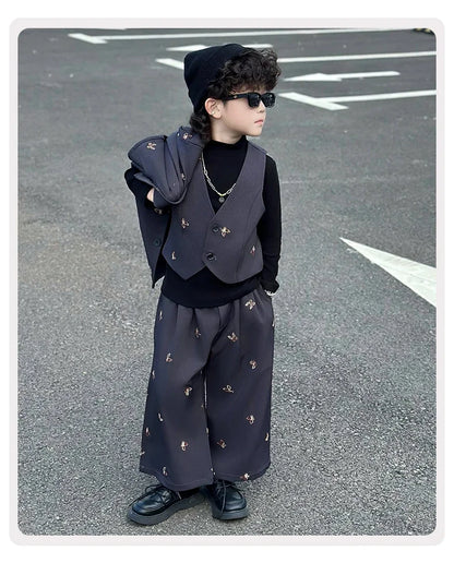 Boys Loose Blazer Jacket Waistcoat Pants Clothes Sets Kids Formal Dress  Suits Casual Child Toddler Party Butterfly Leisure Suit