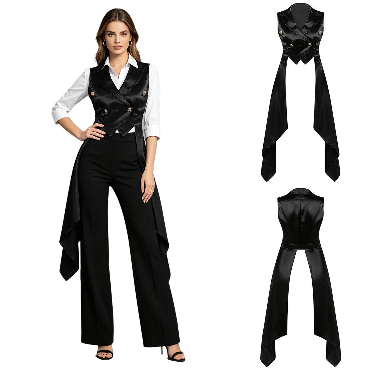 Women's Sleeveless Vests Satin Renaissance Victorian Costume Femme Tuxedo Waistcoat Vest Tailcoat Top Halloween Gothic Outfit