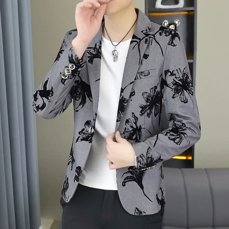 Blazer Men's Fashion Gentleman Business Outdoor Travel Print Wedding Slim-fit Korean Trend Handsome Youth Casual Blazer