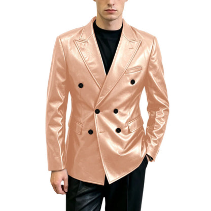 Vintage Men's Brown Leather Blazer Double Breasted Peak Lapel Slim Fit Suit Jacket High Quality Fashion Sport Coat Business Casu