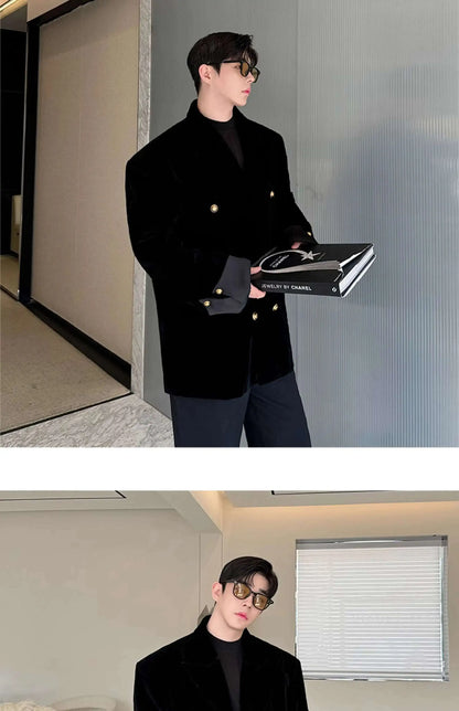Double Breasted Korean High Quality Blazer Original Elegant Temperament Casual Male Suit Jackets Velvet New Coats LZ7346