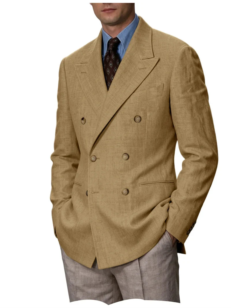 Men Linen Blazer Double Breasted Jacket Lightweight Soft Slim Coat For Business Wedding Casual Daily Party Vacation Dating