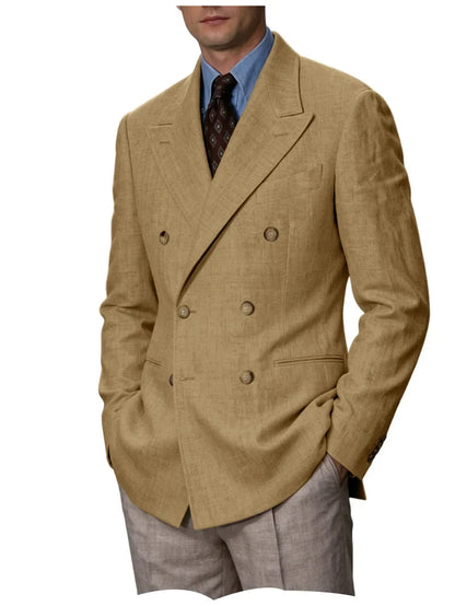 Men Linen Blazer Double Breasted Jacket Lightweight Soft Slim Coat For Business Wedding Casual Daily Party Vacation Dating