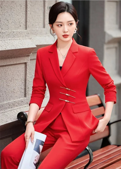 2025 Fashion White Red Black Blazer Jacket And Pant Suit Trousers Women Female Office Ladies Work Wear Formal 2 Piece Set