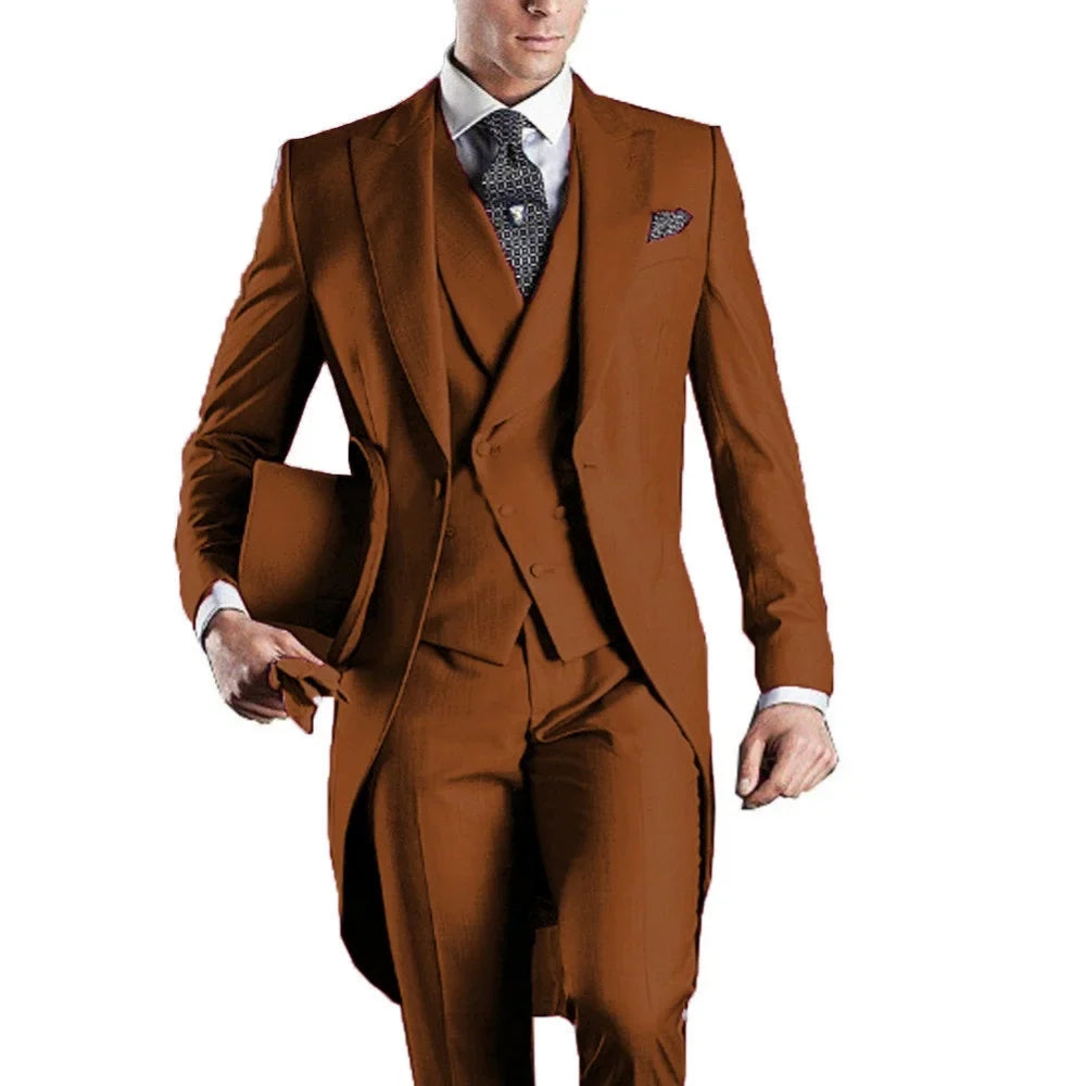 Men's Monochromatic Tuxedo Set Business Smoking Wedding Dress Blazer Jacket Vest Pants 3-Piece Suit for Formal Occasions