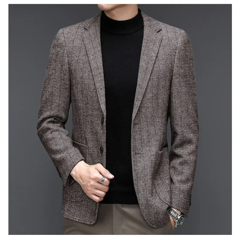 KIDWHXR Man Suit Coat Non-ironing Striped Turn Down Collar Male Outerwear Slim Long Sleeve Pocket Business Casual Men Blazer